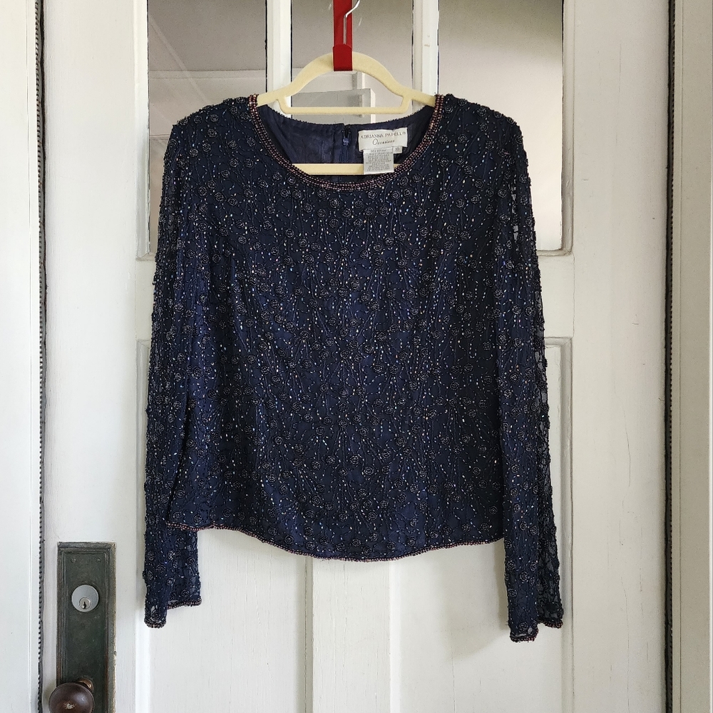 Rare Adrianna Papell Occasions Vintage Navy Beaded Formal Silk Blouse, Sz 10